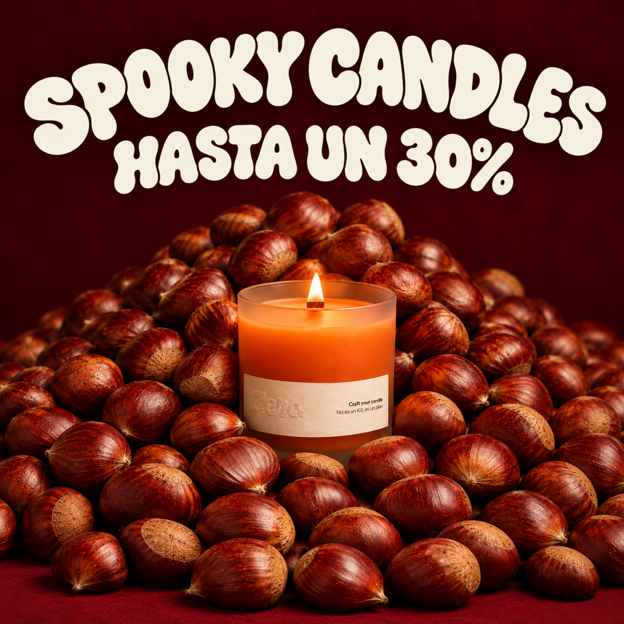 Spooky Candles: hasta un 30%. Vela naranja Zera entre castañas.